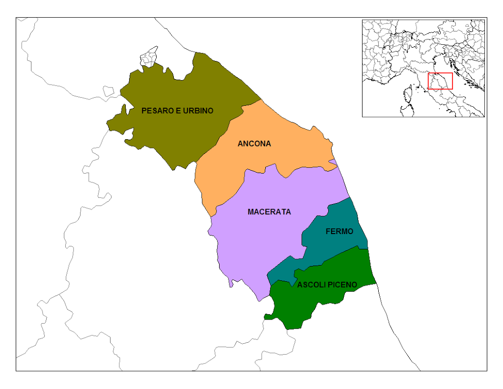 Mapa da Itália com todas as regiões. Marche