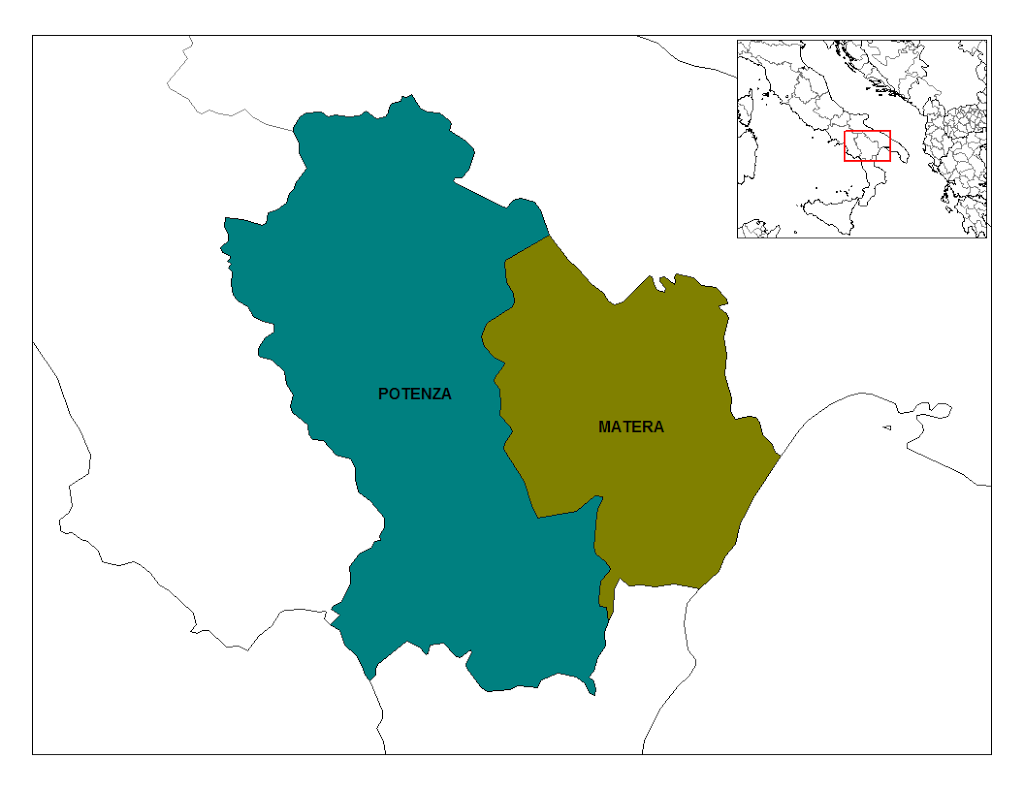 Mapa da Itália com todas as regiões. Basilicata
